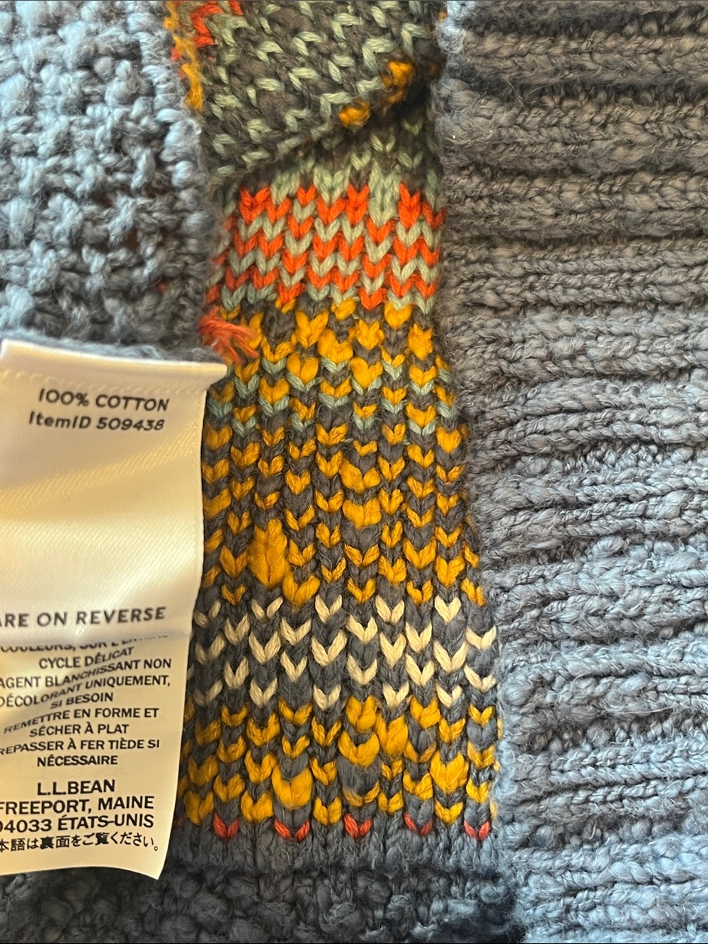 LL Bean Signature fisherman sweater yellow blue 100% cotton NWT - Picture 4 of 4